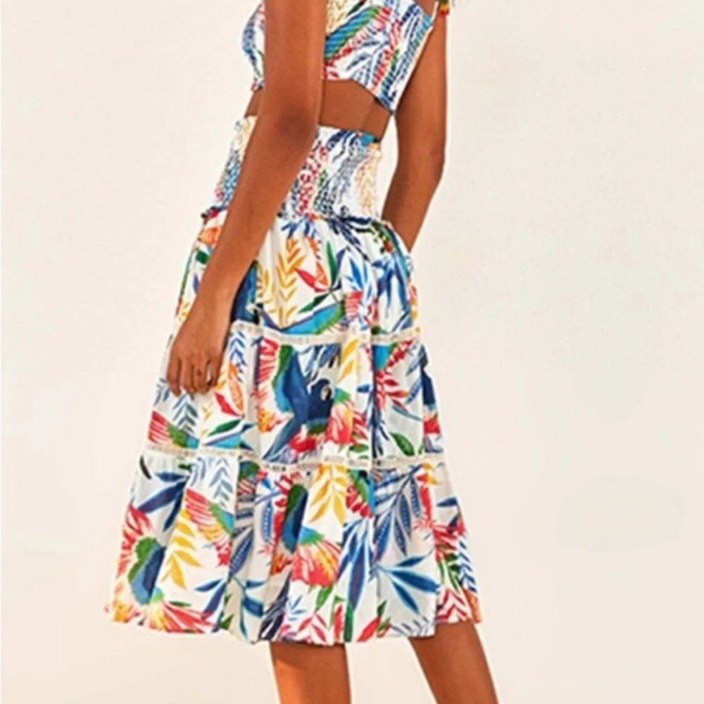 Farm Rio Blue One-Shoulder Crop Top and Macaw Smock Midi Skirt - Picture 4 of 6